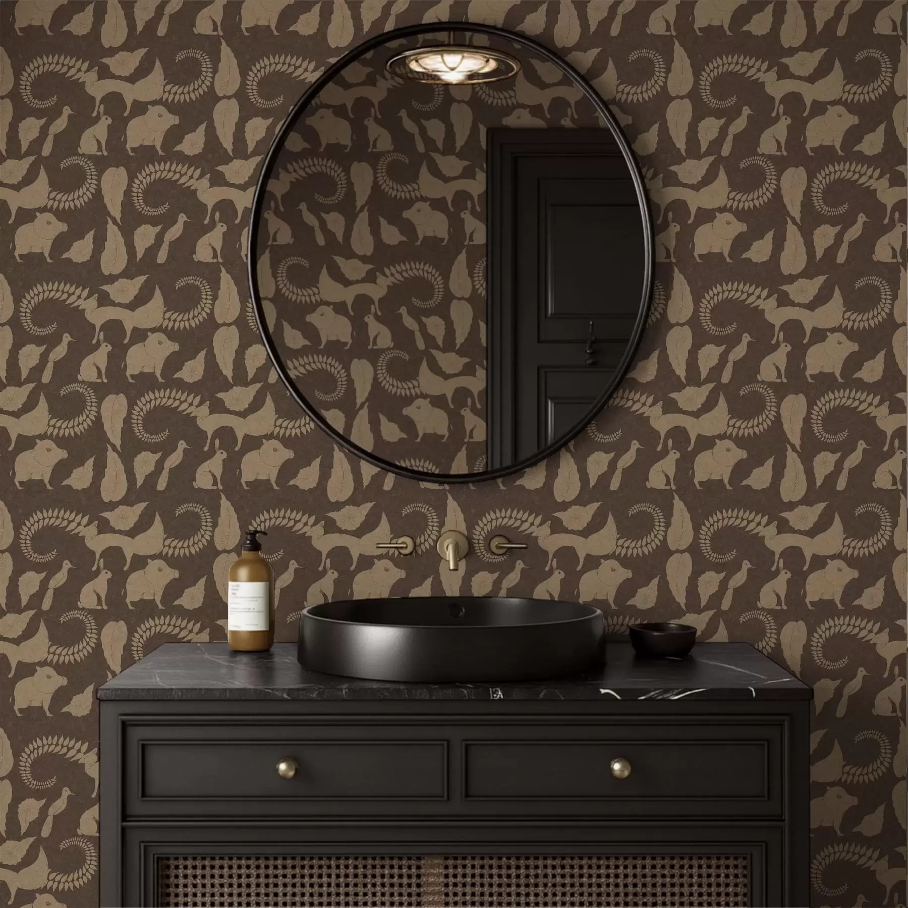 murais de parede Padrão florestal com animais sobre fundo marrom a01121