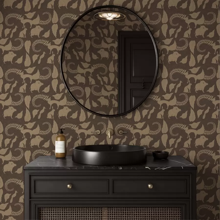 murais de parede Padrão florestal com animais sobre fundo marrom a01121