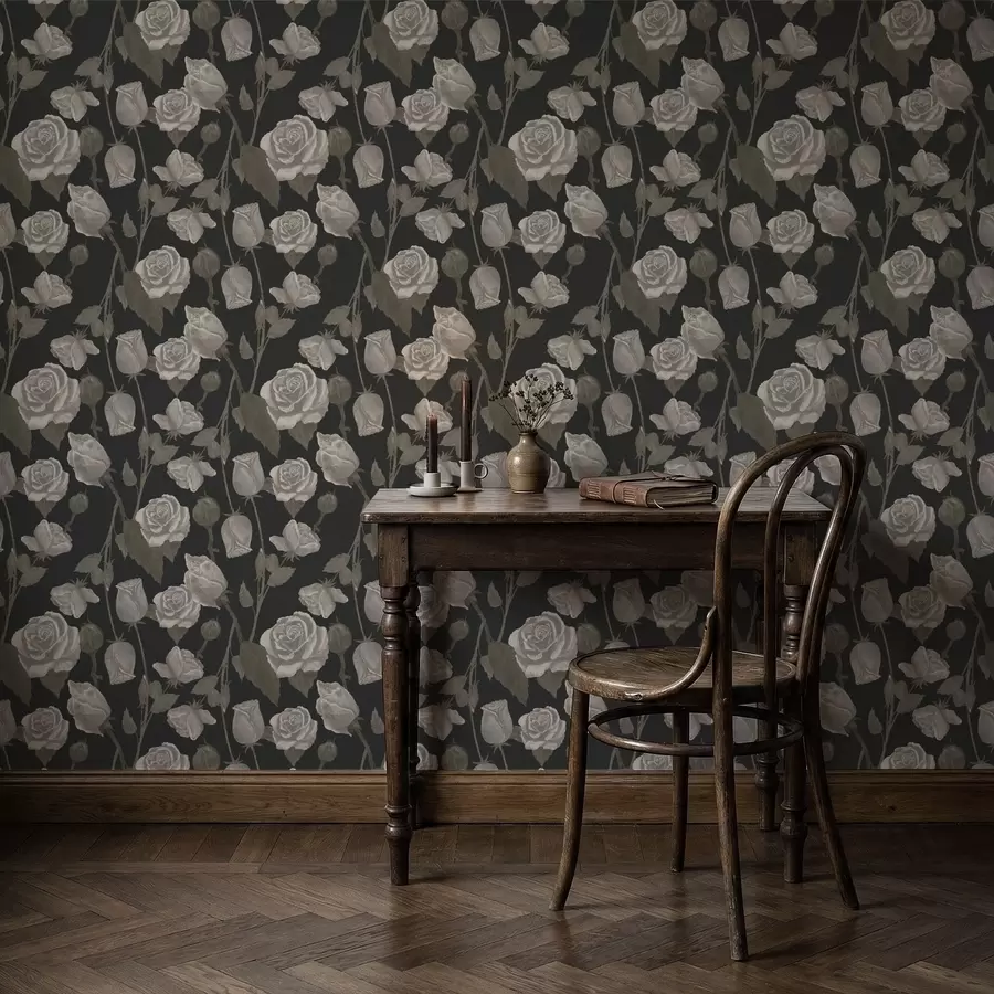 murais de parede Padrão floral com rosas sobre fundo escuro a01123