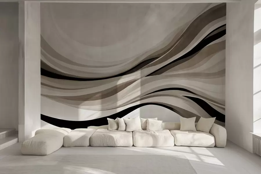 murais de parede Linhas abstratas onduladas em tons de bege e preto contra um fundo claro, arte texturizada w09748