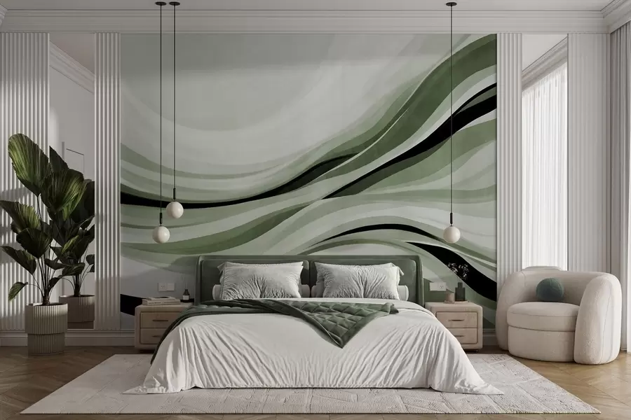 murais de parede Linhas abstratas onduladas em tons de verde e preto contra um fundo claro, arte texturizada w09748v1