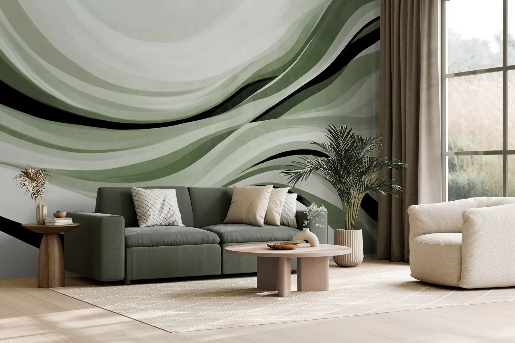 murais de parede Linhas abstratas onduladas em tons de verde e preto contra um fundo claro, arte texturizada w09748v1