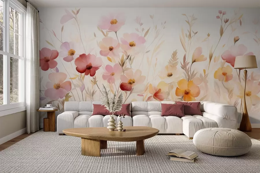murais de parede Campo abstrato de flores silvestres em tons pastel, estilo pintura em aquarela w09757