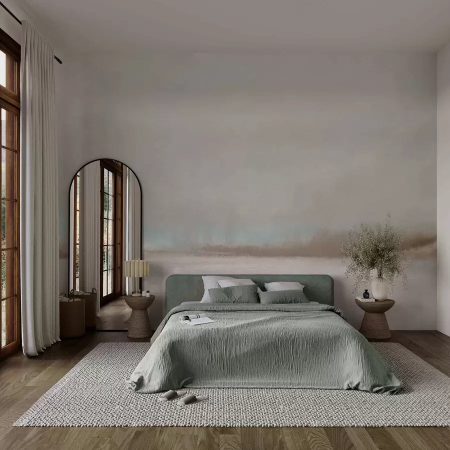 murais de parede Paisagem enevoada com lago e floresta w05319