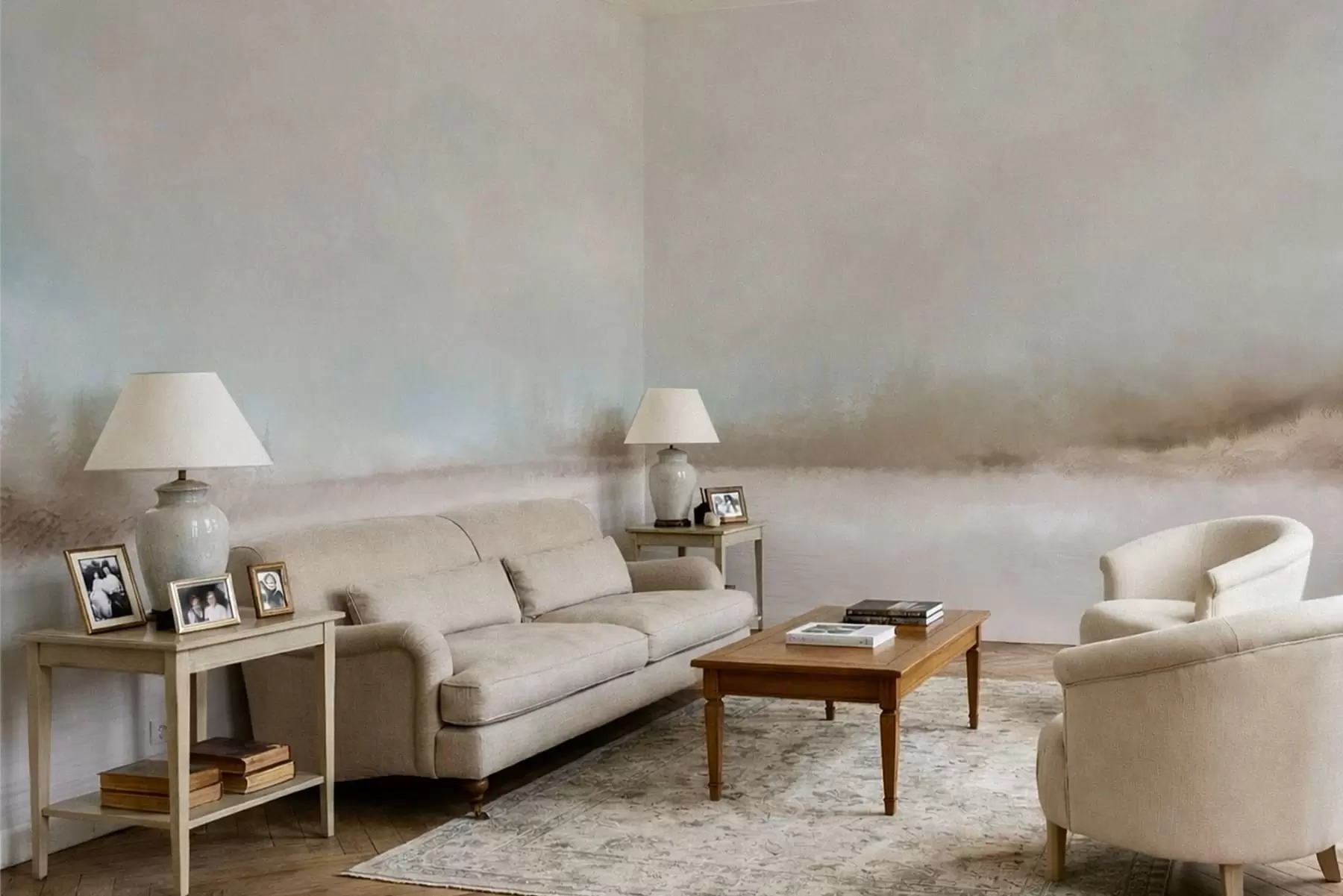 murais de parede Paisagem enevoada com lago e floresta w05319