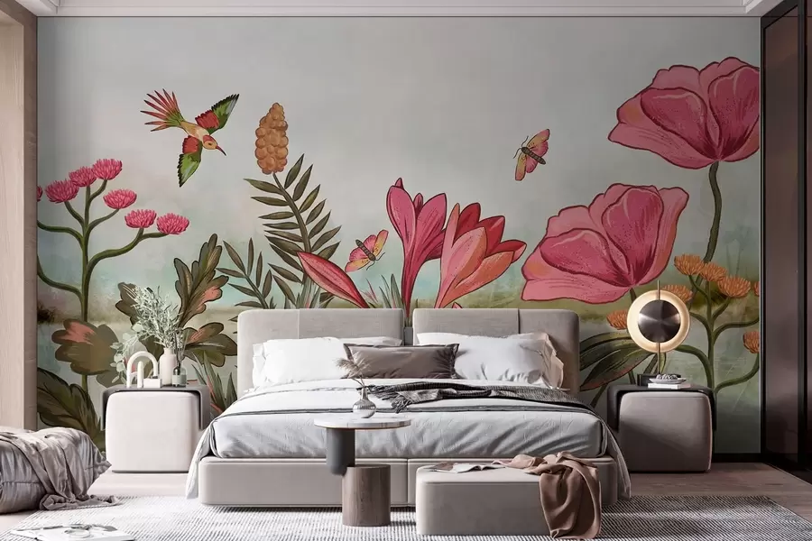murais de parede Flores brilhantes com pássaros e borboletas w05321