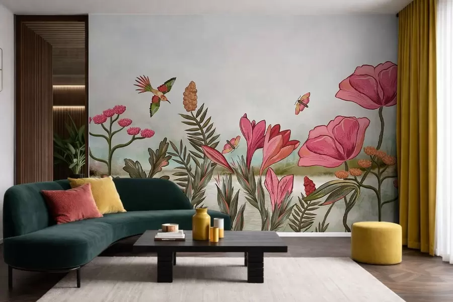 murais de parede Flores brilhantes com pássaros e borboletas w05321