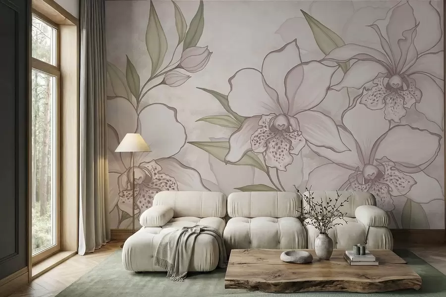 murais de parede Ilustração de orquídeas claras com folhas sobre fundo bege w05117
