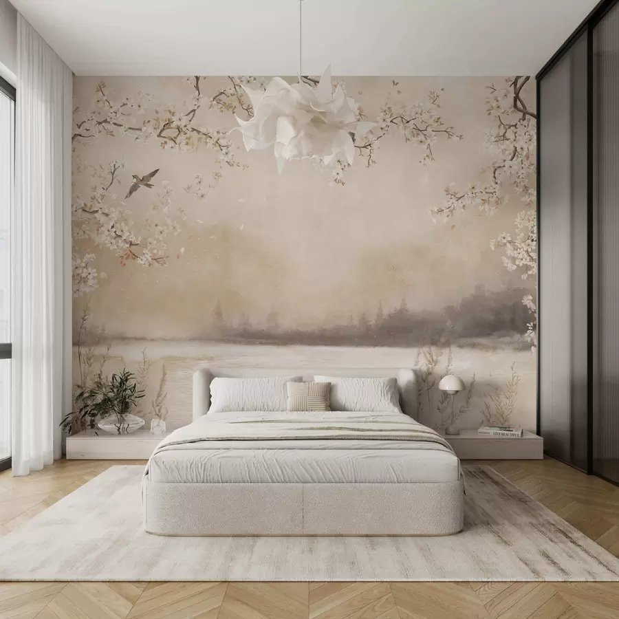 murais de parede Ramos delicados em flor junto ao lago com pássaros na névoa leve w05155