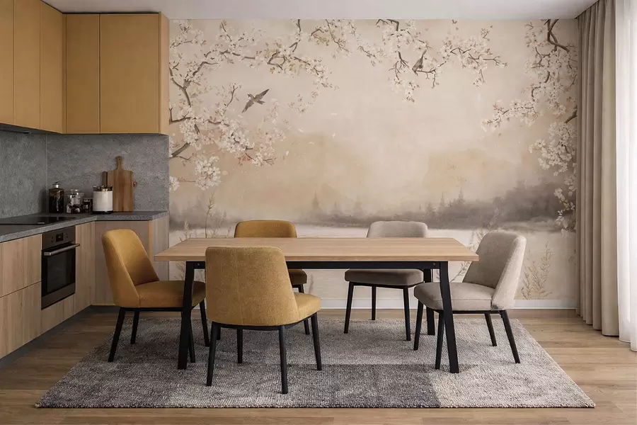 murais de parede Ramos delicados em flor junto ao lago com pássaros na névoa leve w05155