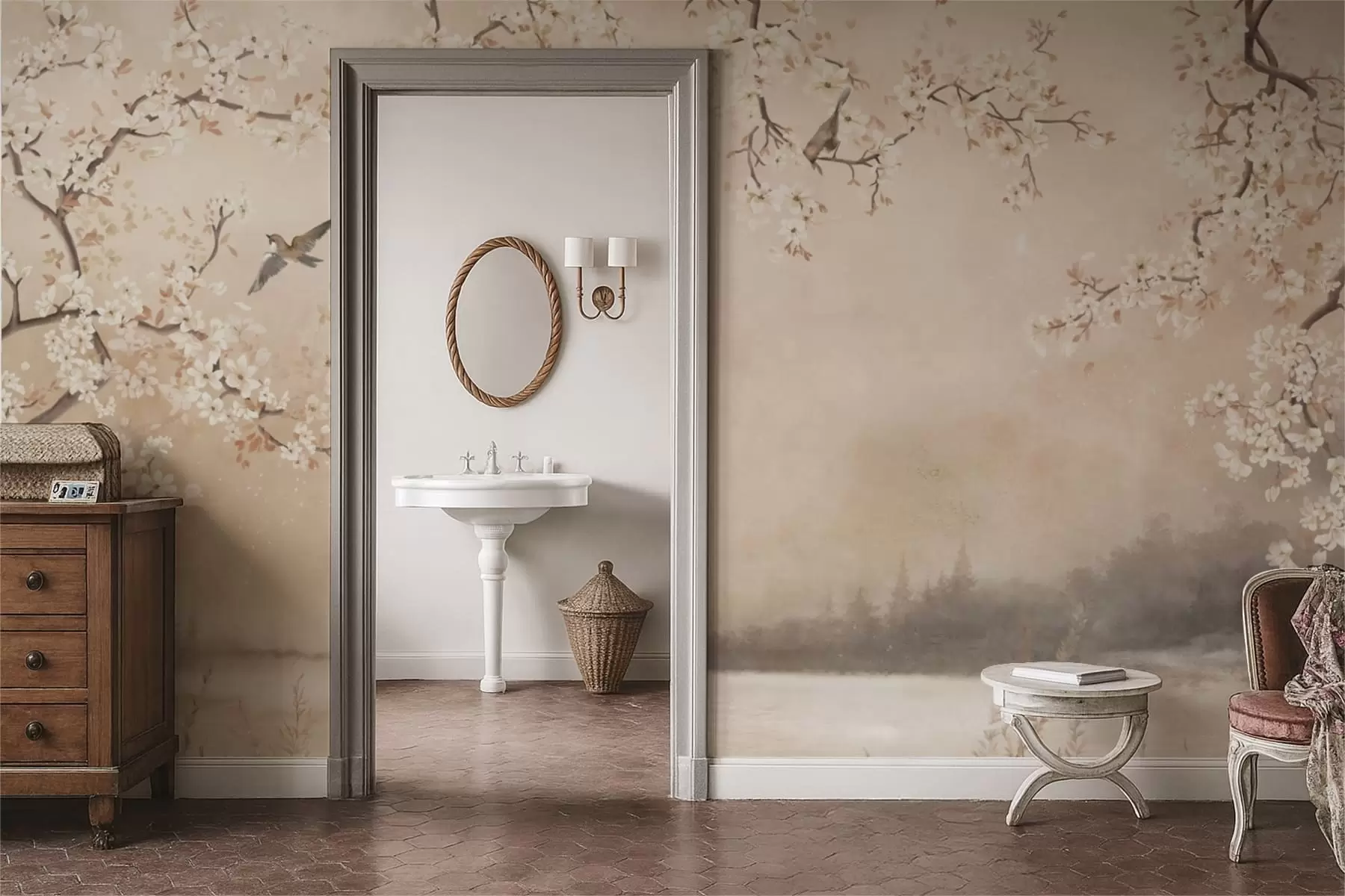 murais de parede Ramos delicados em flor junto ao lago com pássaros na névoa leve w05155