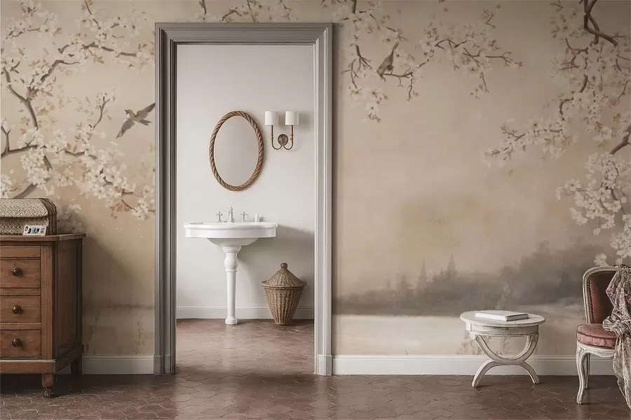 murais de parede Ramos delicados em flor junto ao lago com pássaros na névoa leve w05155