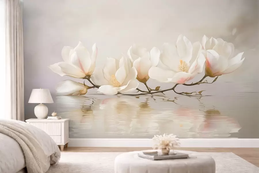murais de parede Flores claras de magnólia em um galho acima do reflexo na água w05353