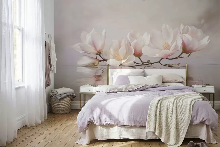 murais de parede Ramo de magnólia com flores refletindo-se nas águas calmas w05353v1