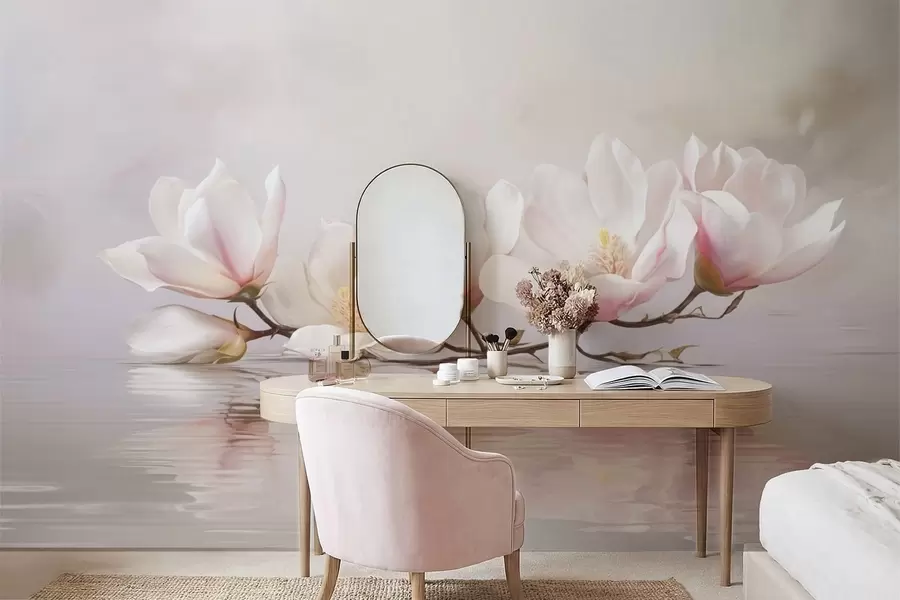 murais de parede Ramo de magnólia com flores refletindo-se nas águas calmas w05353v1