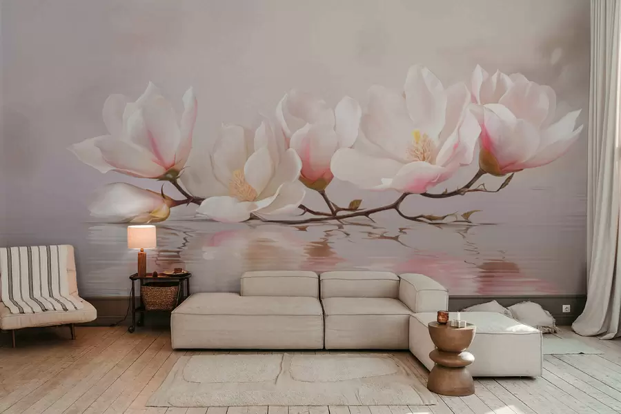 murais de parede Ramo de magnólia com flores refletindo-se nas águas calmas w05353v1