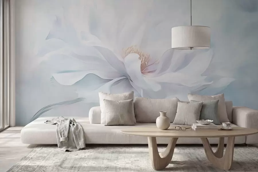murais de parede Flor branca suave com pétalas esvoaçantes sobre fundo azul w05354