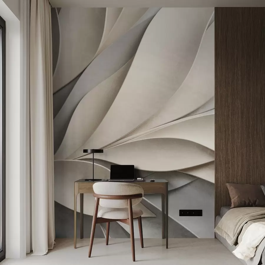 murais de parede Folhas abstratas em bege e cinza, arte moderna texturizada w09769