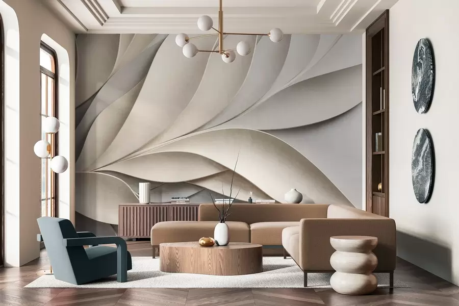 murais de parede Folhas abstratas em bege e cinza, arte moderna texturizada w09769