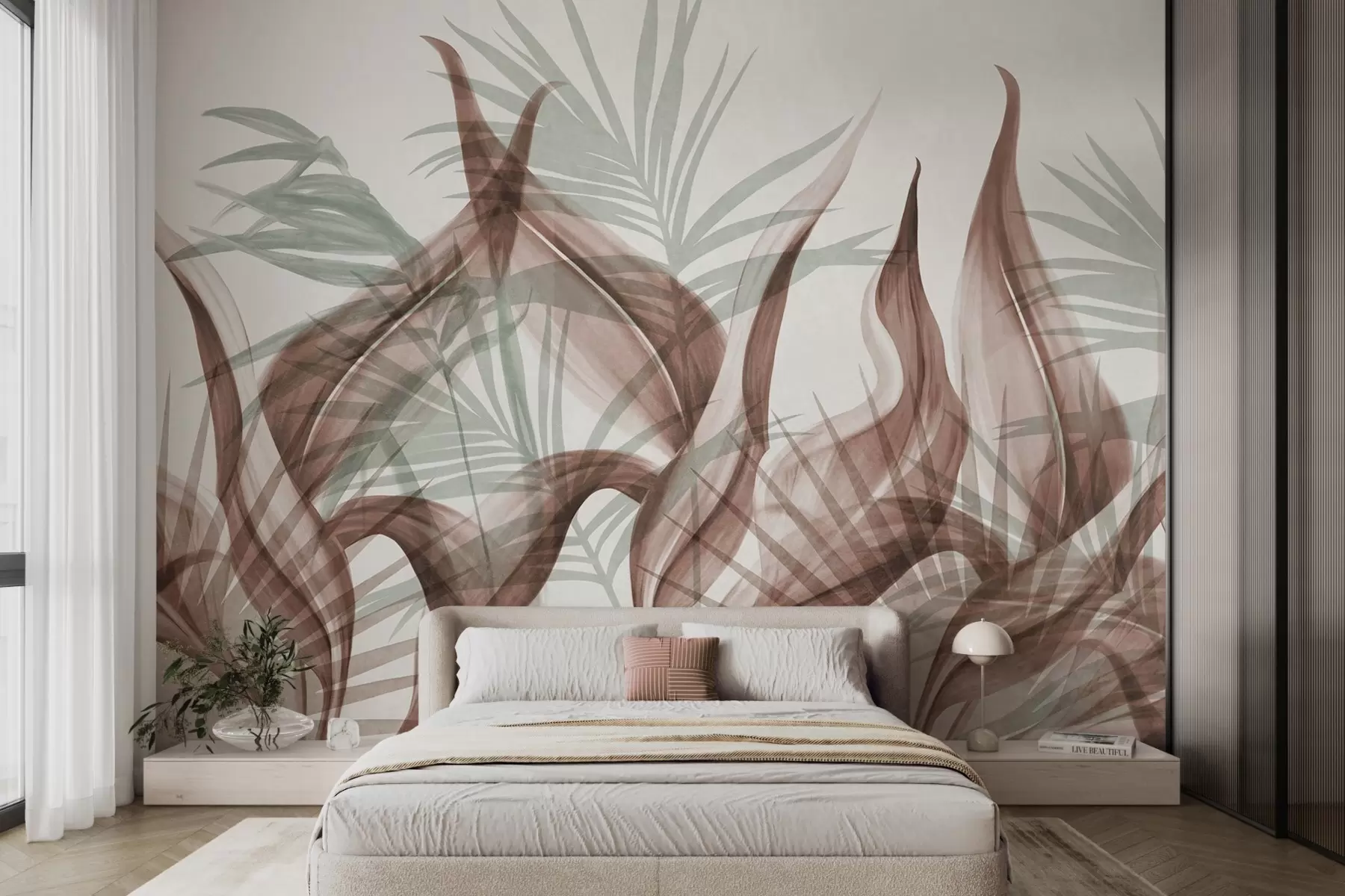 murais de parede Folhas tropicais em tons de marrom e verde contra um fundo branco, estilo aquarela texturizado w09772