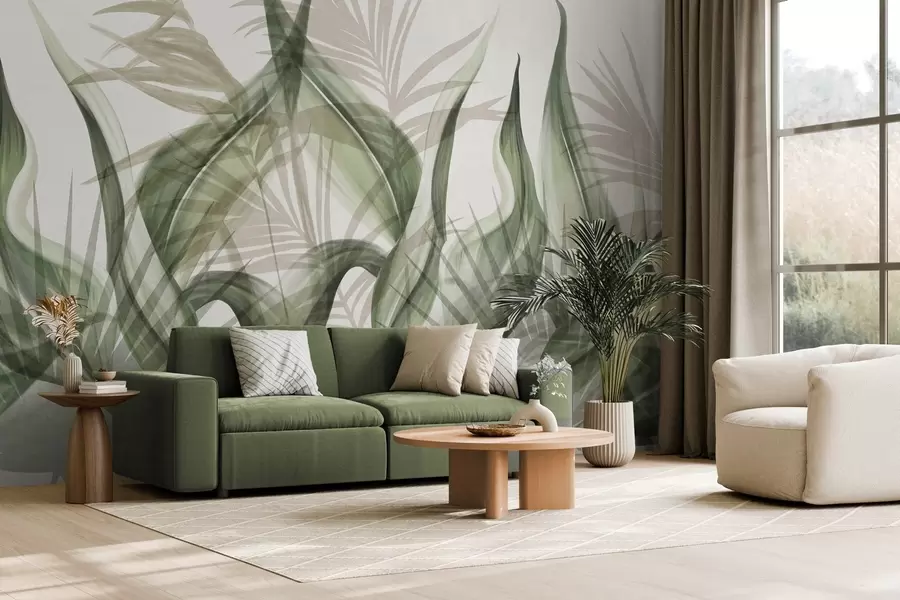 murais de parede Folhas tropicais em tons de bege e verde contra um fundo branco, estilo aquarela texturizado w09772v1
