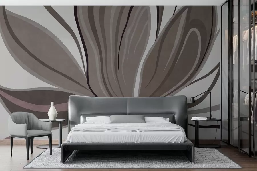 murais de parede Flor abstrata com linhas suaves em tons de cinza e bege w05147v1