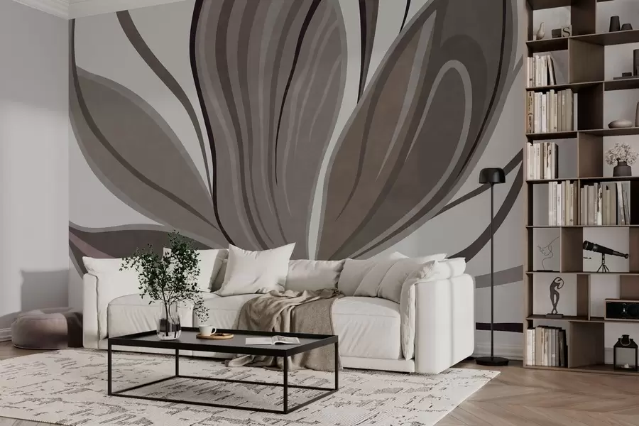 murais de parede Flor abstrata com linhas suaves em tons de cinza e bege w05147v1