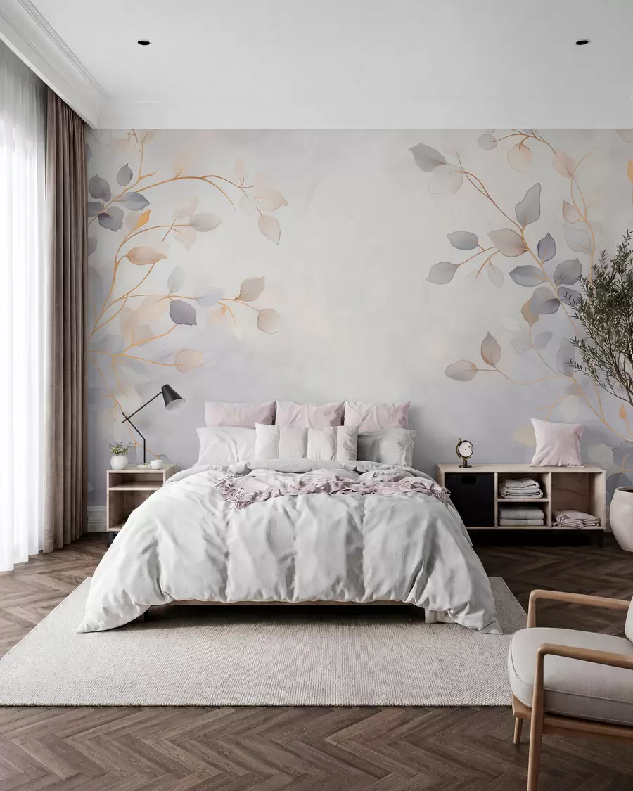murais de parede Galhos frondosos e delicados sobre um fundo suave e difuso w05296