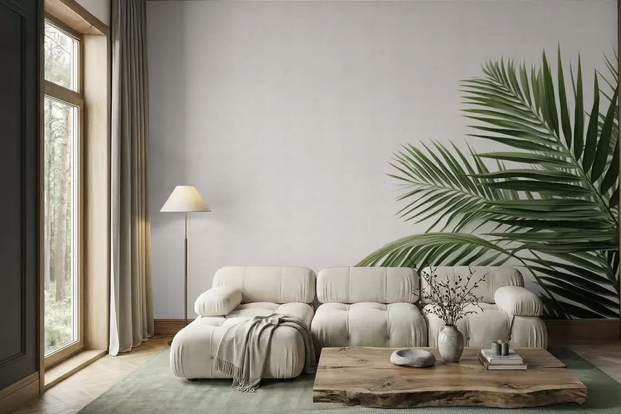 murais de parede Folhas verdes de palmeira sobre um fundo claro w05391