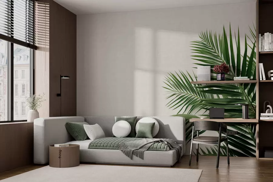 murais de parede Folhas verdes de palmeira sobre um fundo claro w05391