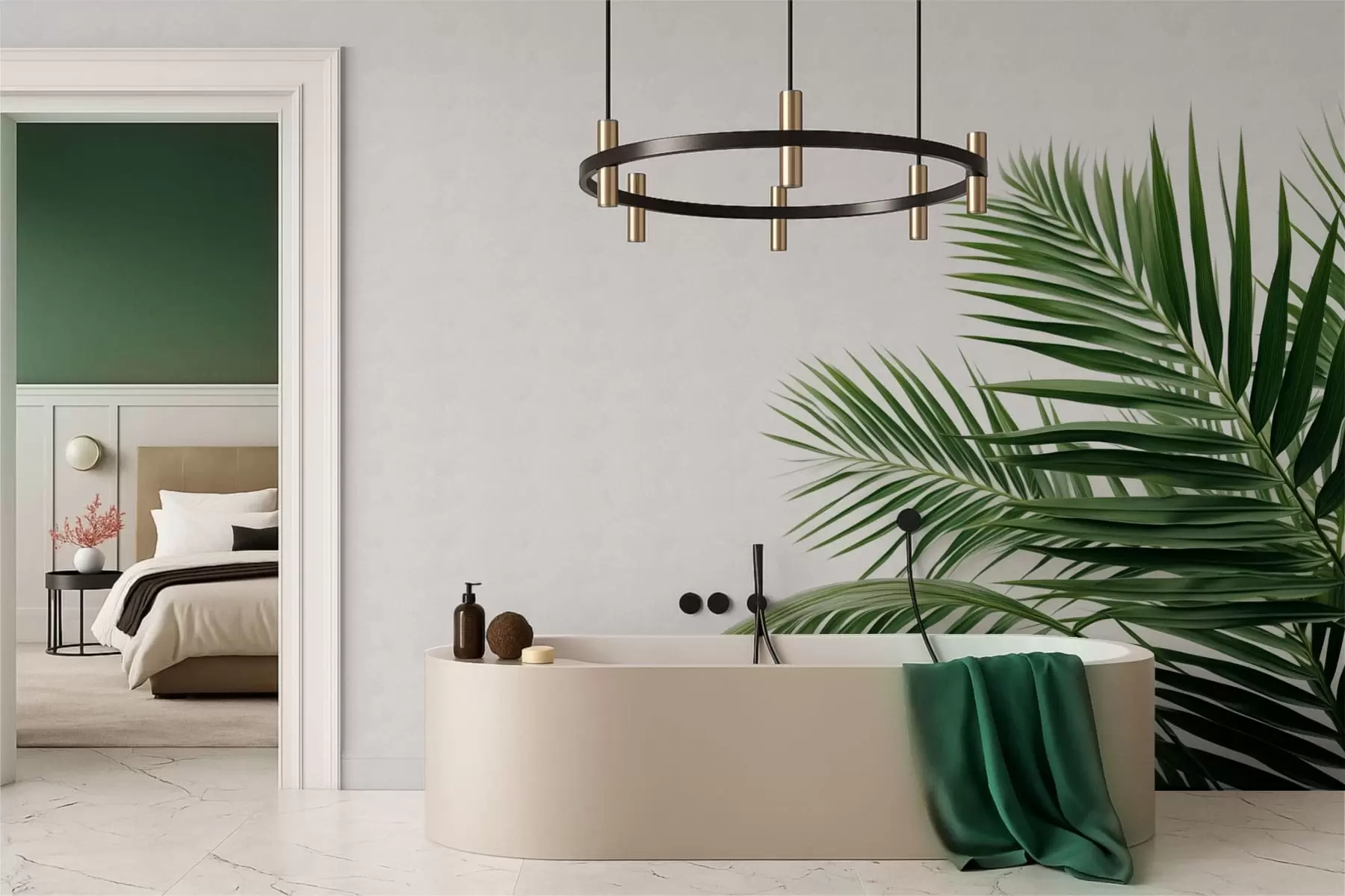 murais de parede Folhas verdes de palmeira sobre um fundo claro w05391