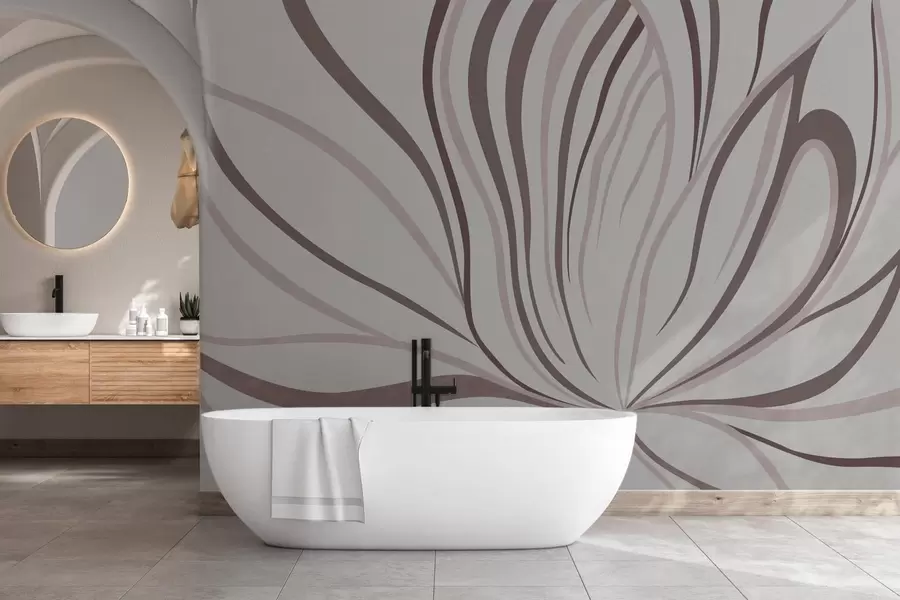 murais de parede Flor estilizada com linhas suaves em tons de rosa e bege w05392v1