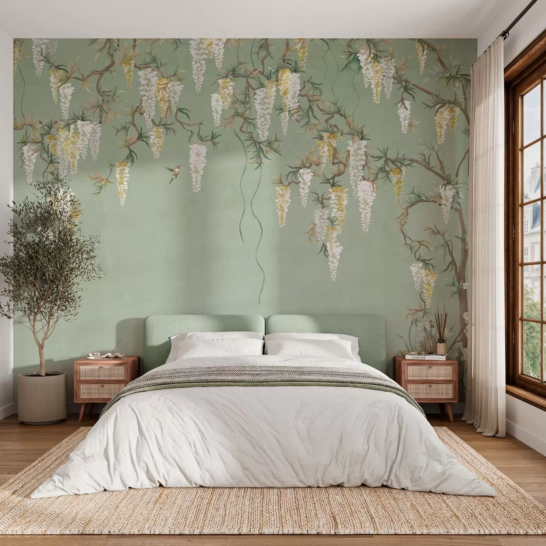 murais de parede Galhos floridos com flores brancas e pássaros sobre o verde w05394