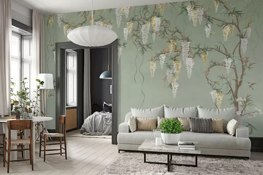 murais de parede Galhos floridos com flores brancas e pássaros sobre o verde w05394