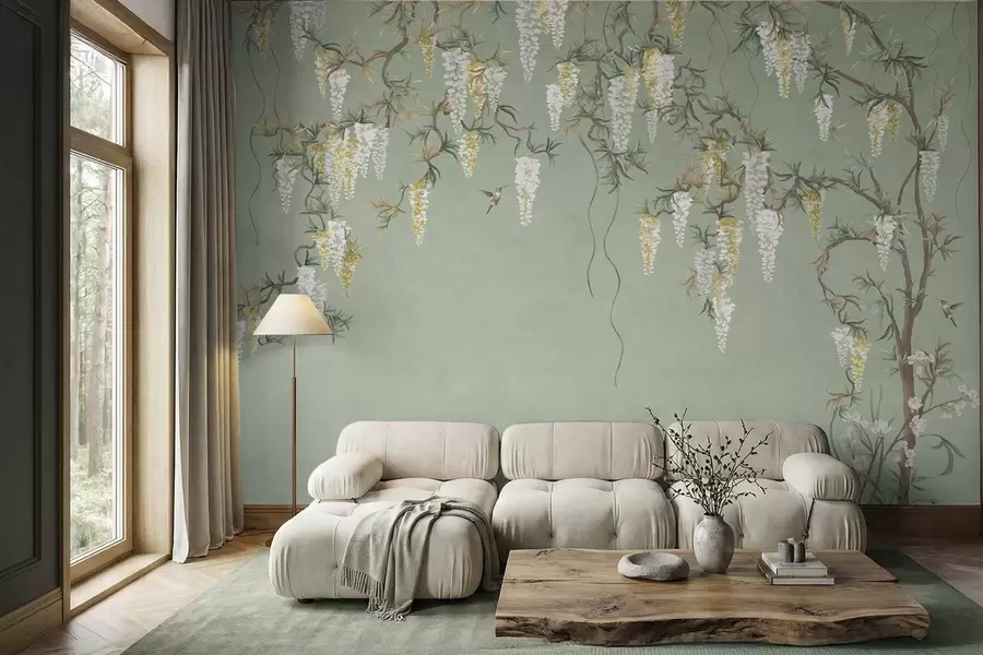 murais de parede Galhos floridos com flores brancas e pássaros sobre o verde w05394