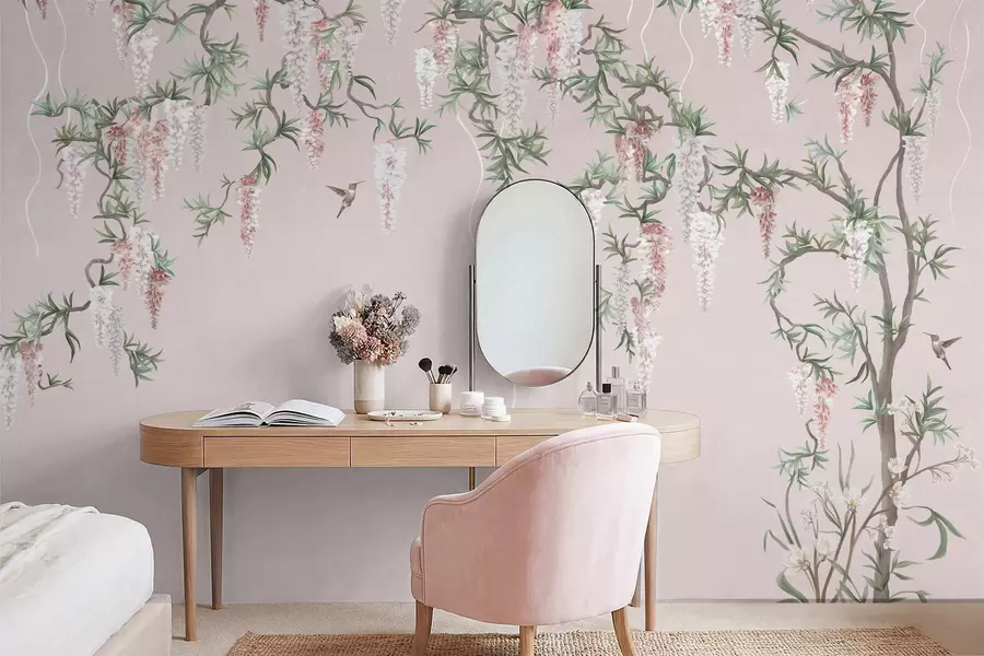 murais de parede Galhos floridos com flores cor-de-rosa e pássaros w05394v1