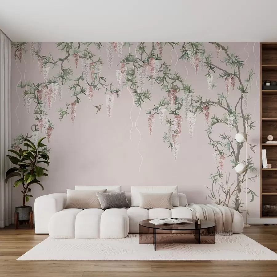 murais de parede Galhos floridos com flores cor-de-rosa e pássaros w05394v1