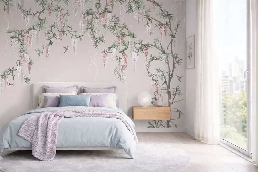 murais de parede Galhos floridos com flores cor-de-rosa e pássaros w05394v1