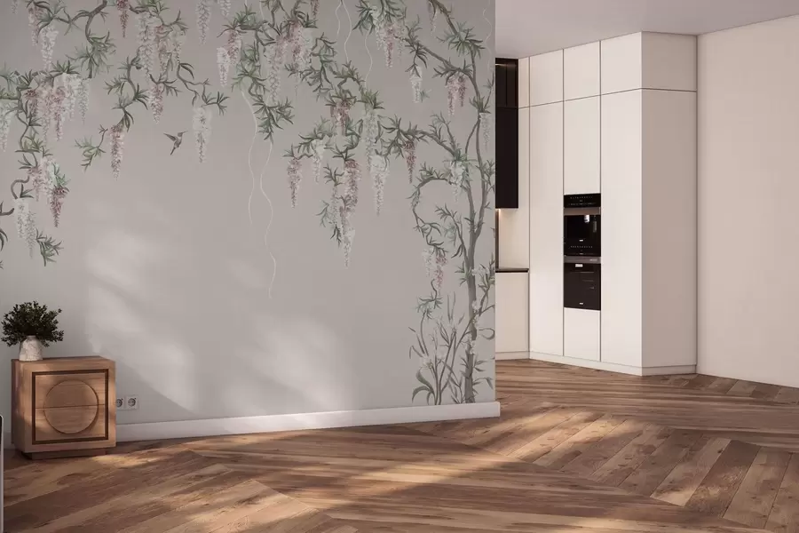 murais de parede Galhos floridos com flores cor-de-rosa e pássaros w05394v1