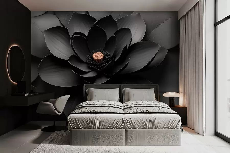 murais de parede Flor preta minimalista com pétalas e um centro em tom quente contrastante w09721