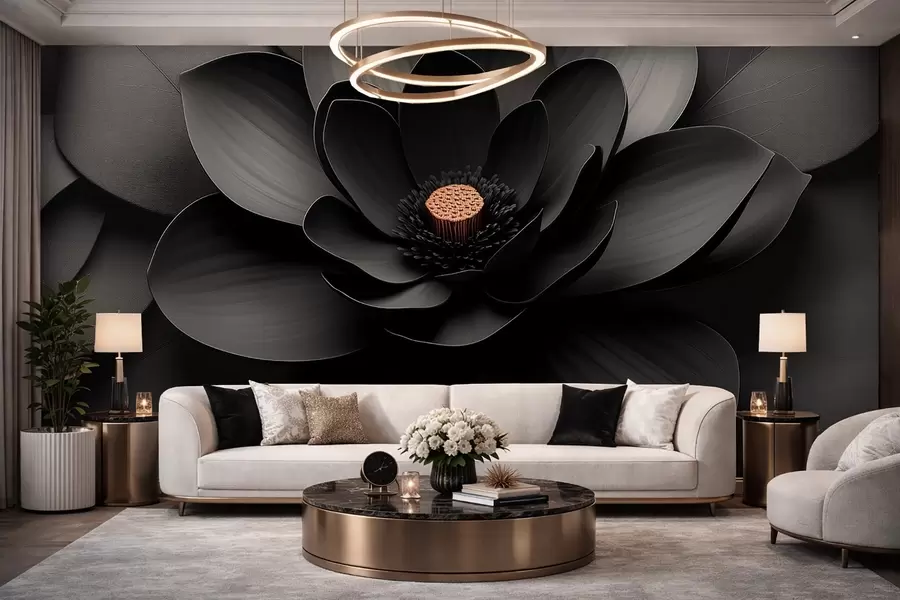 murais de parede Flor preta minimalista com pétalas e um centro em tom quente contrastante w09721