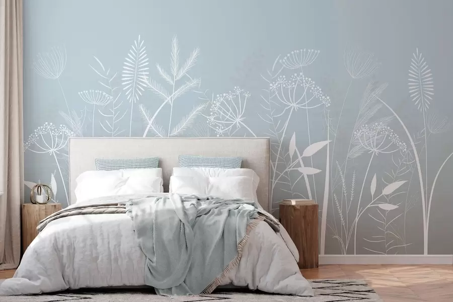 murais de parede delicadas ervas silvestres e flores pintadas à mão sobre um fundo cinza-azulado w05383