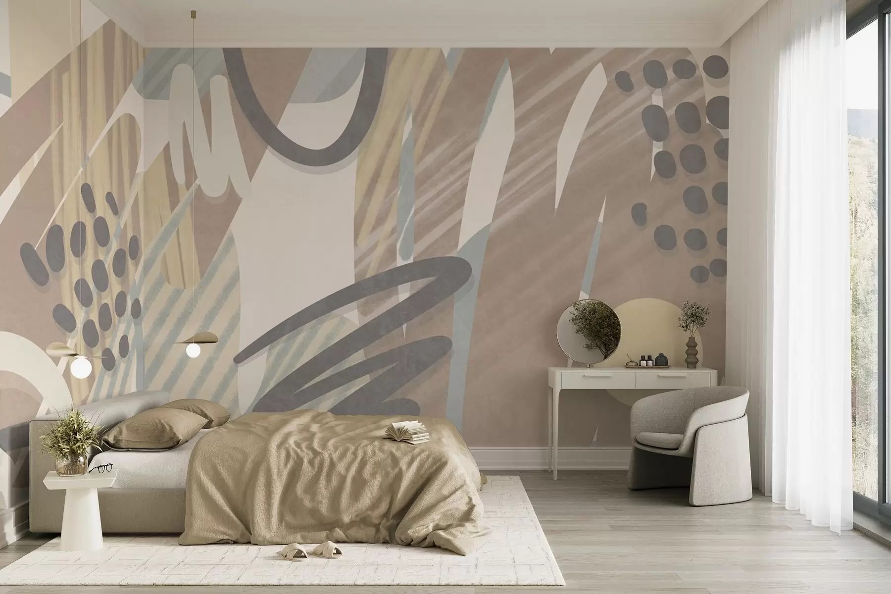 murais de parede Estampa abstrata com textura, apresentando formas orgânicas, rabiscos e pontos em tons pastéis suaves w09774