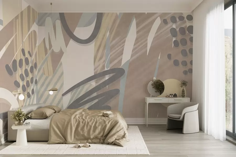 murais de parede Estampa abstrata com textura, apresentando formas orgânicas, rabiscos e pontos em tons pastéis suaves w09774