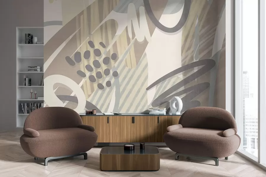 murais de parede Estampa abstrata com textura, apresentando formas orgânicas, rabiscos e pontos em tons pastéis suaves w09774