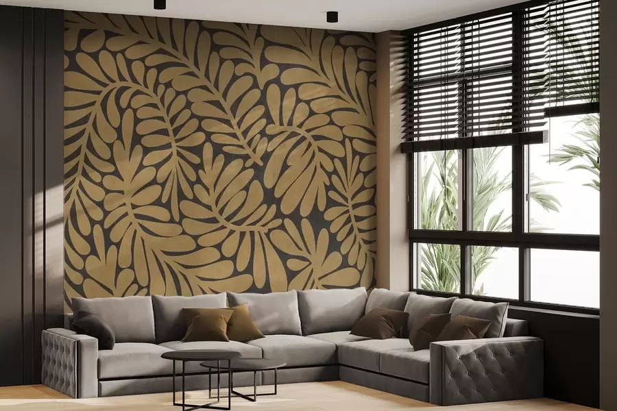 murais de parede Folhas amarelo-mostarda estilizadas sobre um fundo cinza escuro, arte texturizada w09775