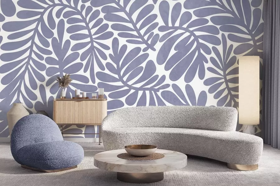 murais de parede Folhas em azul claro estilizadas sobre um fundo claro, arte texturizada w09775v1