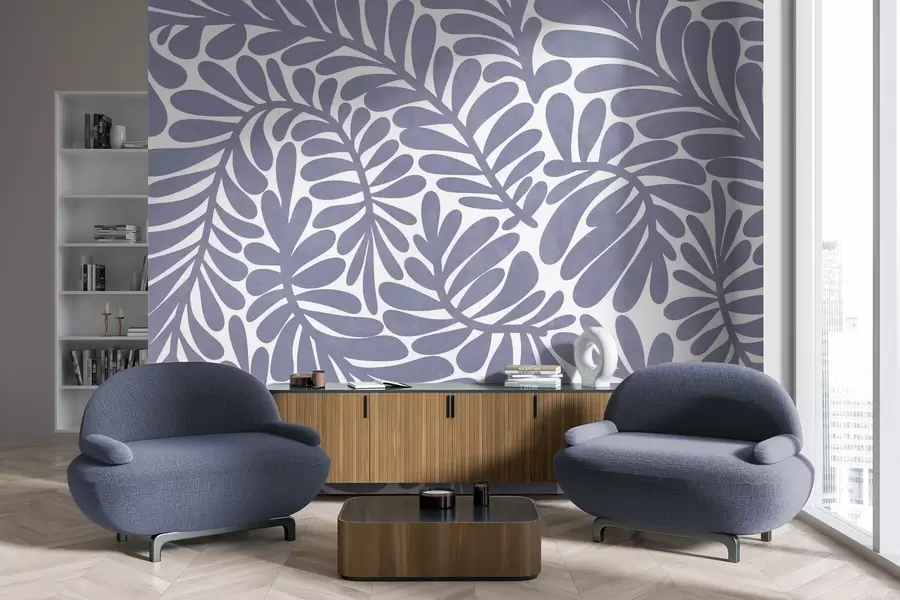 murais de parede Folhas em azul claro estilizadas sobre um fundo claro, arte texturizada w09775v1