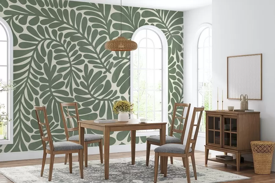 murais de parede Folhas verdes estilizadas sobre um fundo claro, arte texturizada w09775v2