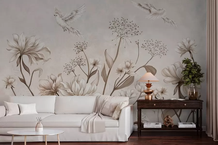 murais de parede Flores delicadas e pássaros sobre um fundo suave w05118
